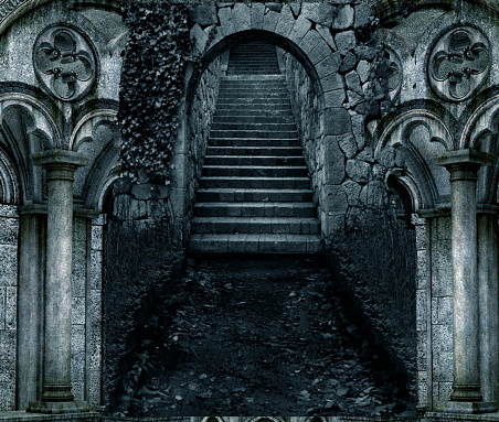 Ilustración de la escalera de piedra oscura de miedo de entrada con arquitectura de piedra en ambos lados photo