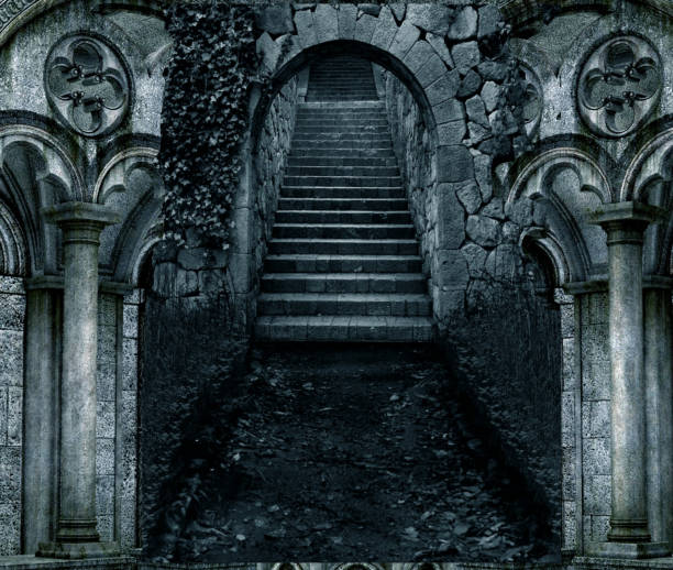 ilustración de la escalera de piedra oscura de miedo de entrada con arquitectura de piedra en ambos lados - gothic style horror cemetery spooky fotografías e imágenes de stock