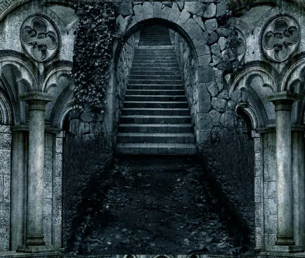 Photo of illustration of dark scary stone stair entrance with stone architecture on both sides