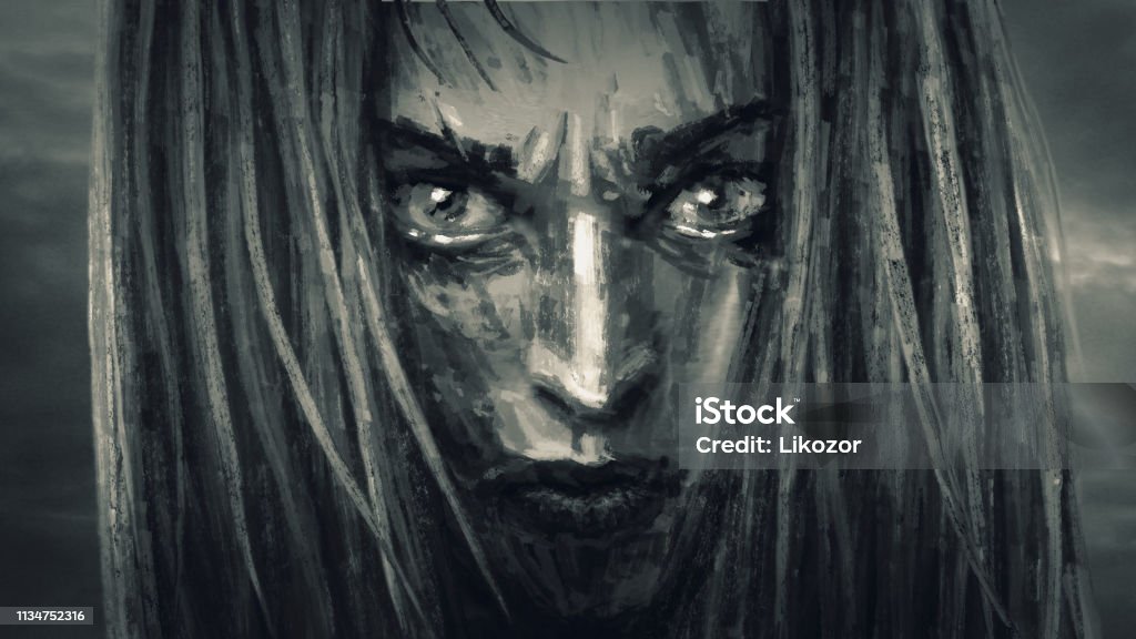 Beautiful warrior girl face with an angry look. Beautiful warrior girl face with an angry look. Illustration in genre of fantasy. Evil stock illustration