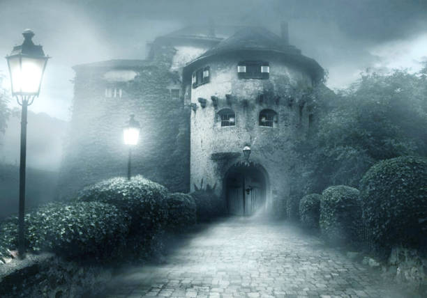 무서운 유령의 집의 입구의 3d 생성 그림 - castle gate 뉴스 사진 이미지