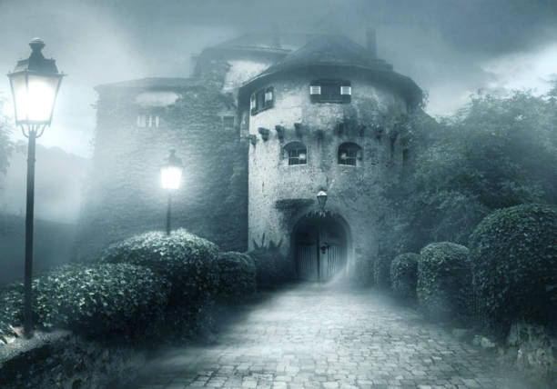 ilustração gerada 3d de uma entrada de uma casa assombrada assustador - mist castle fog night - fotografias e filmes do acervo