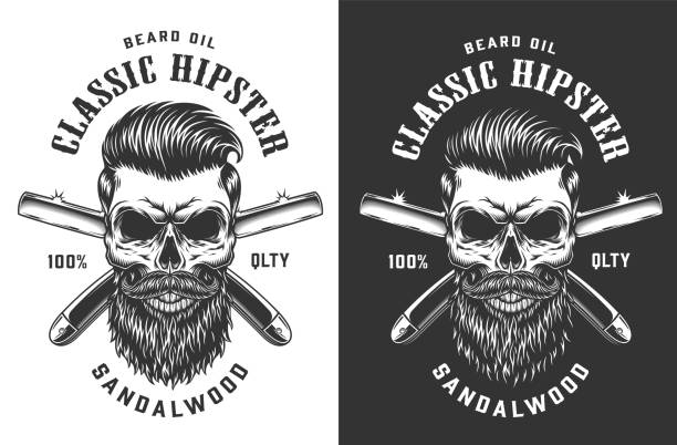 Vintage monochrome hipster skull label Vintage monochrome hipster skull label with crossed razor blades isolated vector illustration clubwear stock illustrations