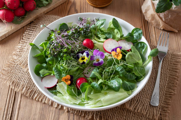 istock Spring salad with fresh broccoli and kale microgreens and edible pansy flowers 1134758030