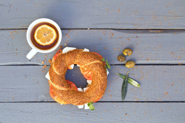 istock Turkish bagel with cheese, tomato,olive, tea 1134760613