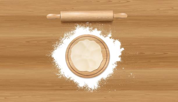 Vector Baking Background Photo realistic Rolling Pill, Dough And Flour On The Wooden Table. Vector Baking Background. Top View rolling dough stock illustrations