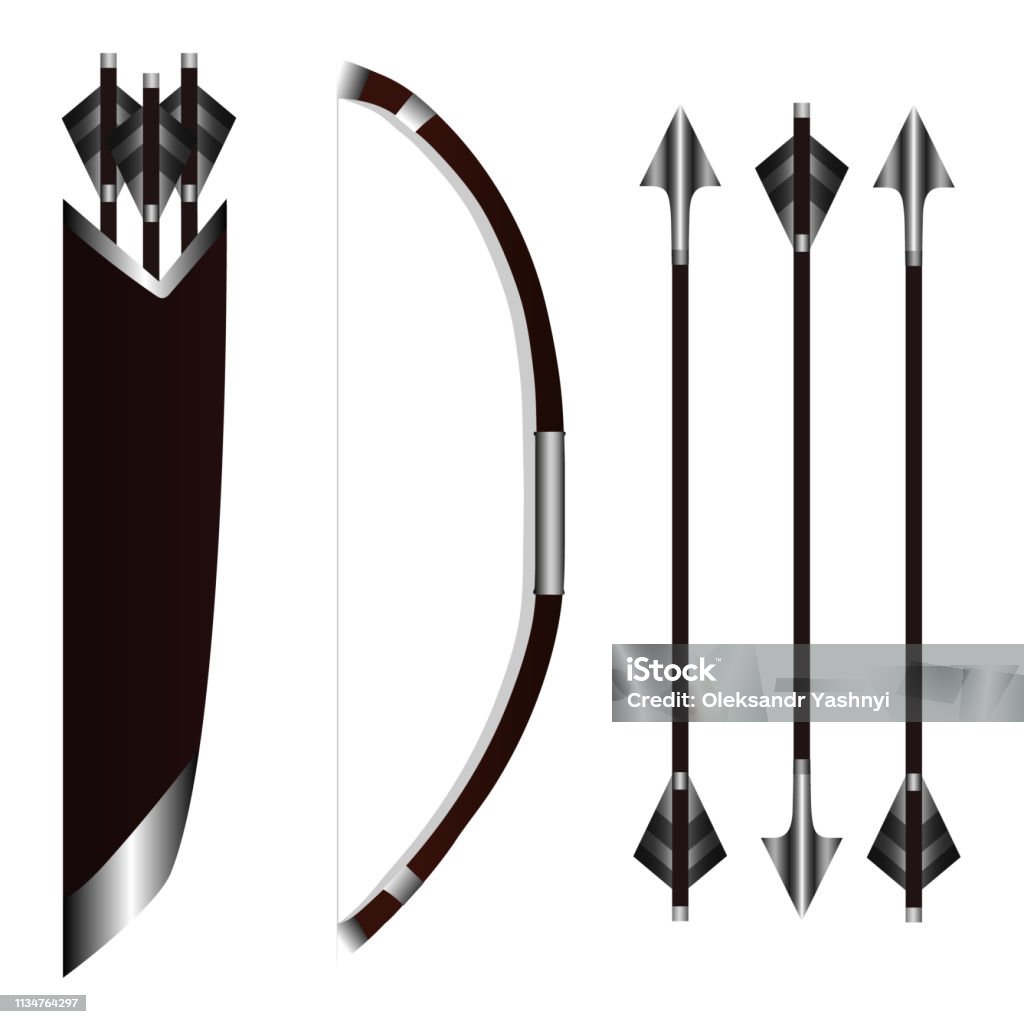 Bow weapon with arrows and quiver for your design, game, card. Classic metal arrows. Vector Illustration. Accuracy stock vector