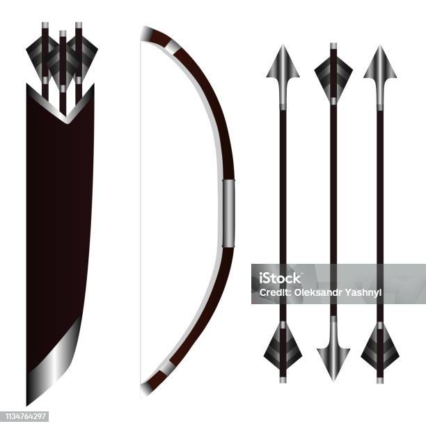 Bow Weapon With Arrows And Quiver For Your Design Game Card Classic Metal Arrows Vector Illustration Stock Illustration - Download Image Now