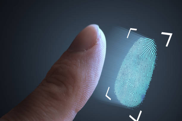 scansione delle impronte digitali dal dito. tecnologia, sicurezza e concetto biometrico. - biometrics accessibility control fingerprint foto e immagini stock
