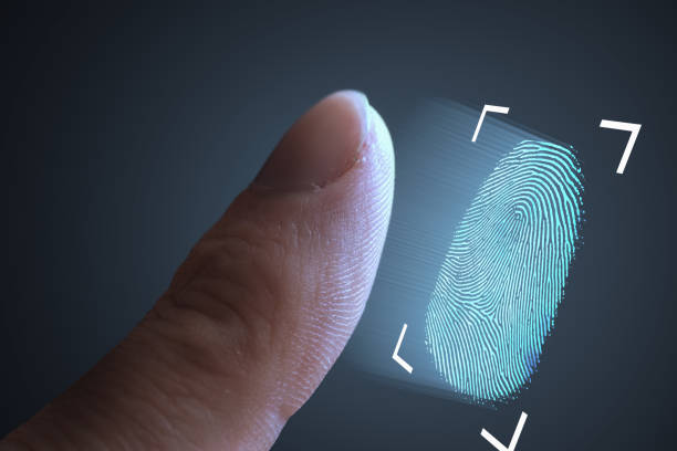 skanowanie odcisków palców z palca. technologia, bezpieczeństwo i koncepcja biometryczna. - fingerprint zdjęcia i obrazy z banku zdjęć