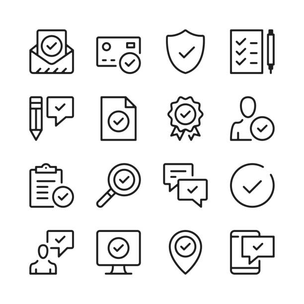 Approve line icons set. Check marks, ticks, guarantee, verified, certification concepts. Modern graphic design concepts, simple outline elements collection. Vector line icons Approve line icons set. Check marks, ticks, guarantee, verified, certification concepts. Modern graphic design concepts, simple outline elements collection. Vector line icons quality stock illustrations