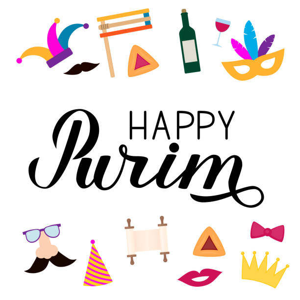 Happy Purim calligraphy hand lettering with traditional Jewish symbols: hamantaschen cookies, noisemaker, megillah esther, wine, masque, crown. Carnival vector illustration. Happy Purim calligraphy hand lettering with traditional Jewish symbols: hamantaschen cookies, noisemaker, megillah esther, wine, masque, crown. Carnival vector illustration. esther bible stock illustrations