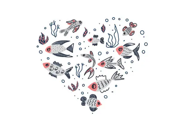 Vector illustration of Vector fish collection isolated in doodle style.