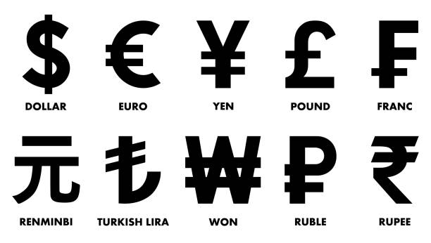 наиболее часто используемые символы валюты. - валютный символ stock illustrations