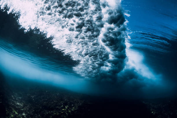 istock Wave underwater with air bubbles and sun light. Ocean in underwater 1134805331
