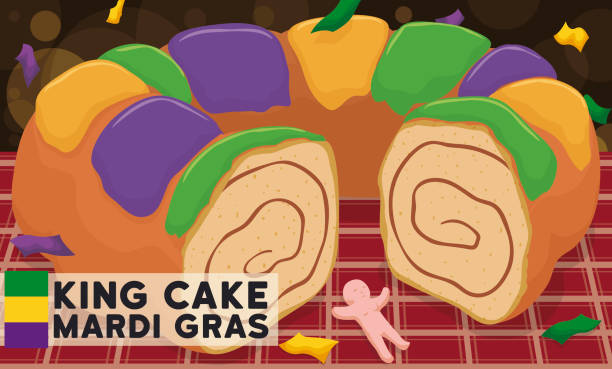 illustrations, cliparts, dessins animés et icônes de délicieux gâteau du roi et jouet prêt pour carnaval de mardi gras - galette des rois