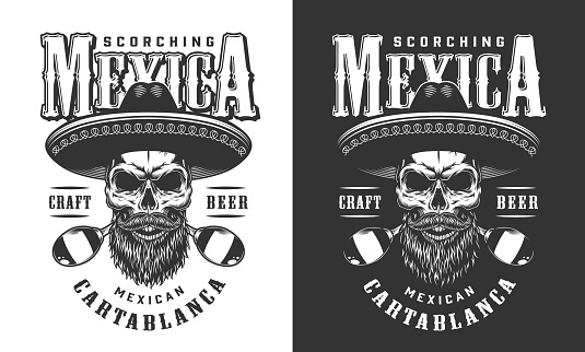 Bearded and mustached mexican skull emblem with sombrero and maracas in vintage monochrome style isolated vector illustration