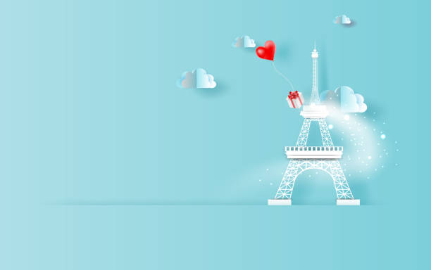istock 3D Paper art of red balloons heart gift floating in sky with landscape cloudscape view shadow. Scene place for your text space in Eiffel tower Paris travel holiday concept. Blue color pastel.vector. 1134821077