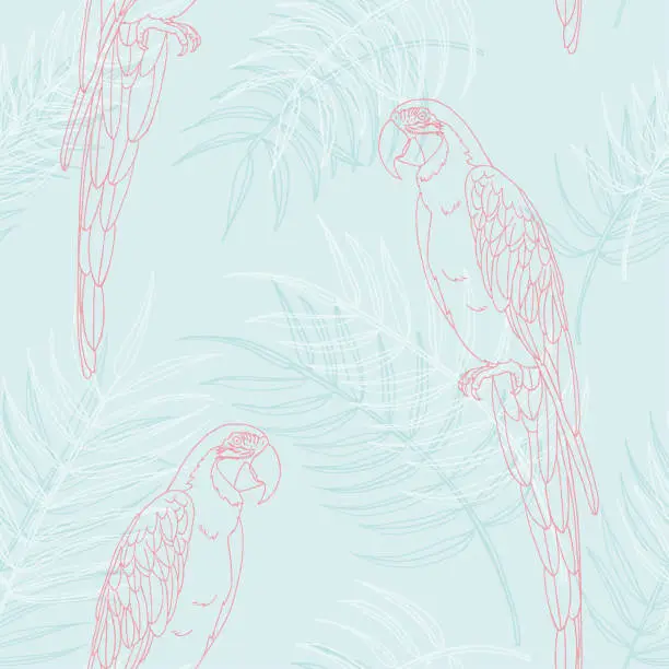 Vector illustration of Macaw and Palm leaves seamless pattern