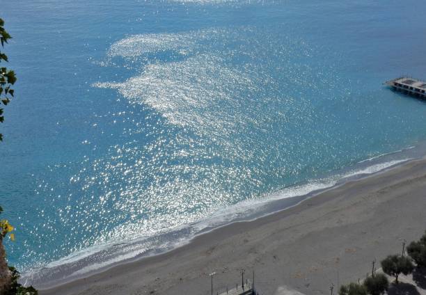 Minori, Campania, Italy - March 4, 2019: Panoramic view of the beach from the Sentiero dei Limoni