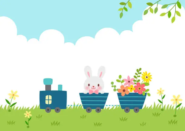 Vector illustration of Cute train carrying cute bunny and flowers