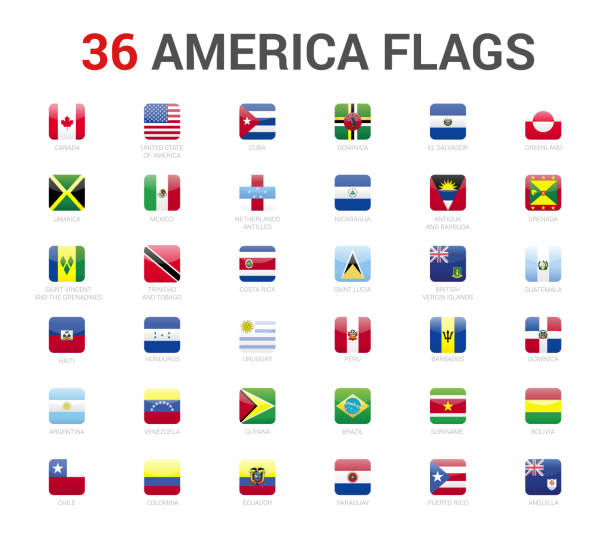 американские флаги страны. 36 флаг округлые квадратные значки вектор на белом фоне. - argentina honduras stock illustrations