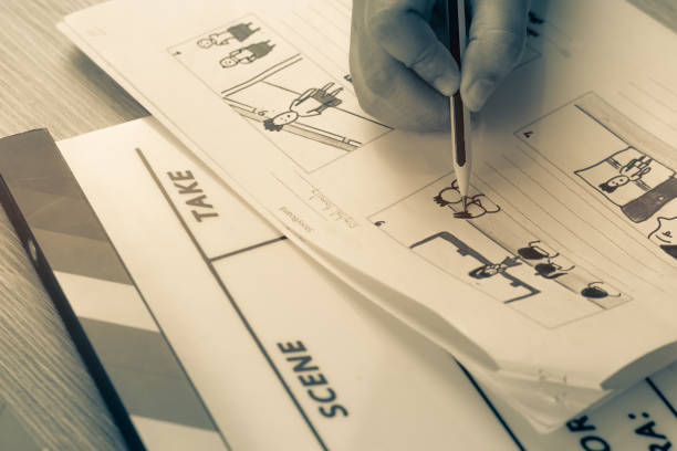 Storyboard drawing with pencil creative sketch cartoon. Storyboarding is process image displayed in sequence for purpose of pre-visualizing motion picture, interactive media. Concept sketching ideas.