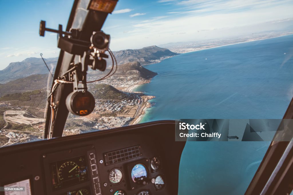 Helicopter flight in Cape Peninsula The aerial view of Cape Peninsula from a helicopter in Cape Town,South Africa. Helicopter Stock Photo