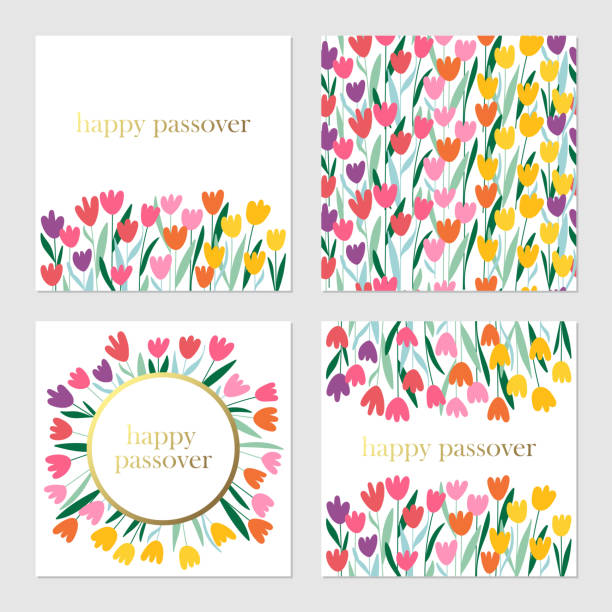 Passover holiday cute greeting cards set with spring flowers. Passover holiday cute greeting cards set with spring flowers background. Springtime concept. Childish print for cards, invitations and banners. passover stock illustrations