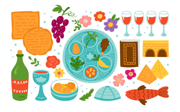 ilustraciones, imágenes clip art, dibujos animados e iconos de stock de fiesta de pascua conjunto de elementos lindos. - passover matzo spring judaism