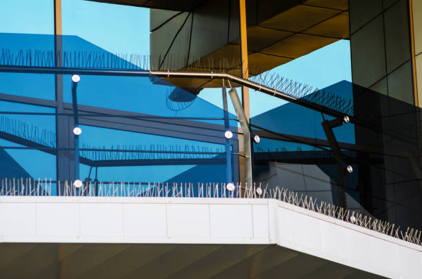 anti-bird-spikes auf fassadenelemente des bauens - glass wall office building abstract stock-fotos und bilder