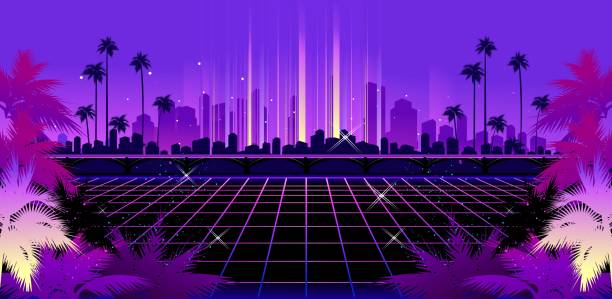 illustrazioni stock, clip art, cartoni animati e icone di tendenza di synth retro wave - miami