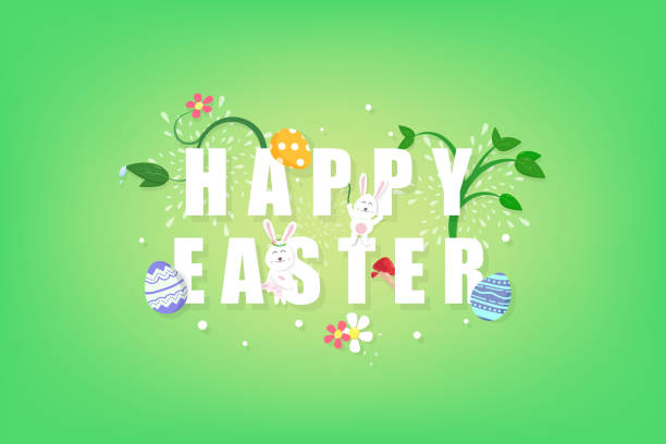 istock Happy Easter greeting card, cute rabbit with egg, flower and garden poster, invitation abstract background vector illustration 1134839078