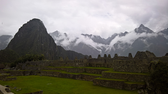 Aerial Panoramic view to Machu Picchu archaeological site and Huayna Picchu mountain in Cuzco, Peru
