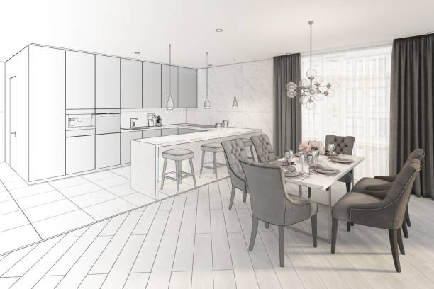 istock Sketch of modern dining room turns into a real interior 1134839886