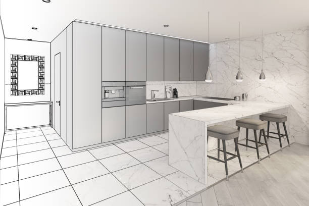 istock 3d illustration. Sketch of modern dining room turns into a real interior 1134839908