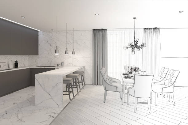 istock 3d illustration. Sketch of modern dining room turns into a real interior 1134839967