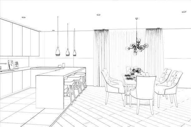 istock 3d illustration. Sketch of modern dining room 1134839983
