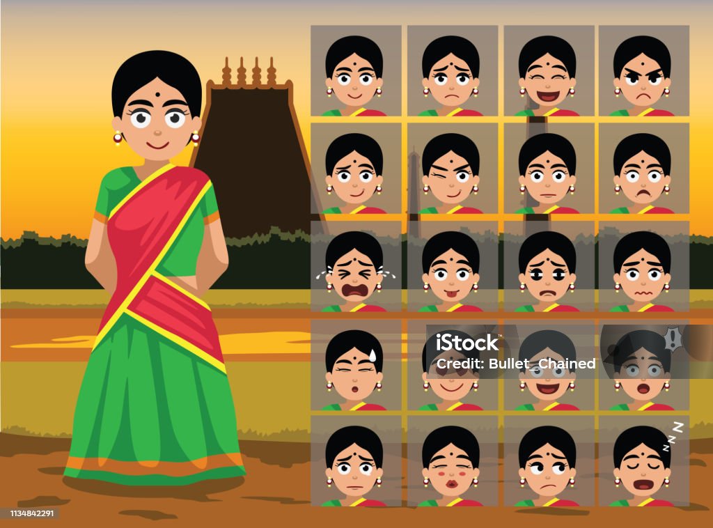 Indian Tamil Traditional Woman Cartoon Emotion Faces Vector Illustration01  Stock Illustration - Download Image Now - iStock