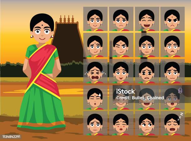 Indian Tamil Traditional Woman Cartoon Emotion Faces Vector Illustration01  Stock Illustration - Download Image Now - iStock