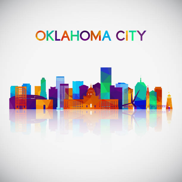 ilustrações, clipart, desenhos animados e ícones de silhueta da skyline da cidade de oklahoma no estilo geométrico colorido. símbolo para seu projeto. ilustração do vetor. - oklahoma