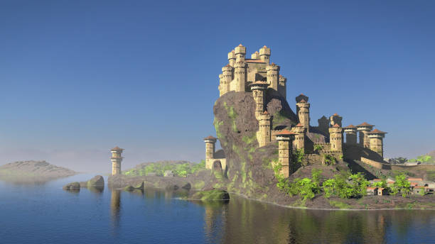 istock castle on a hill overlooking the ocean, 3d fantasy rendering 1134845481