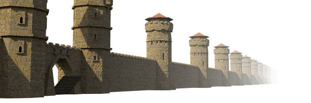 istock medieval castle wall with watch towers and gate isolated on white background, 3d illustration banner 1134846255