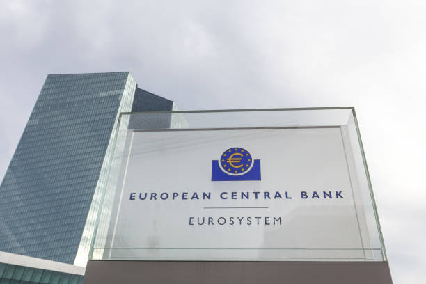 european central bank building sign in frankfurt germany stock photo