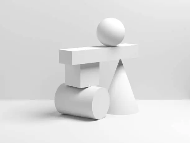 Abstract white equilibrium still life installation with primitive geometric shapes. 3d render illustration