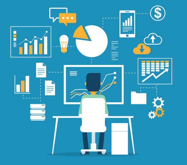Database - Businessman Data monitoring and analysis database stock illustrations