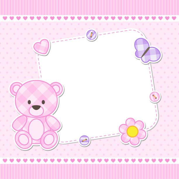 Pink teddy bear card Card with pink teddy bear for girl. Vector template with place for your text bedroom borders stock illustrations