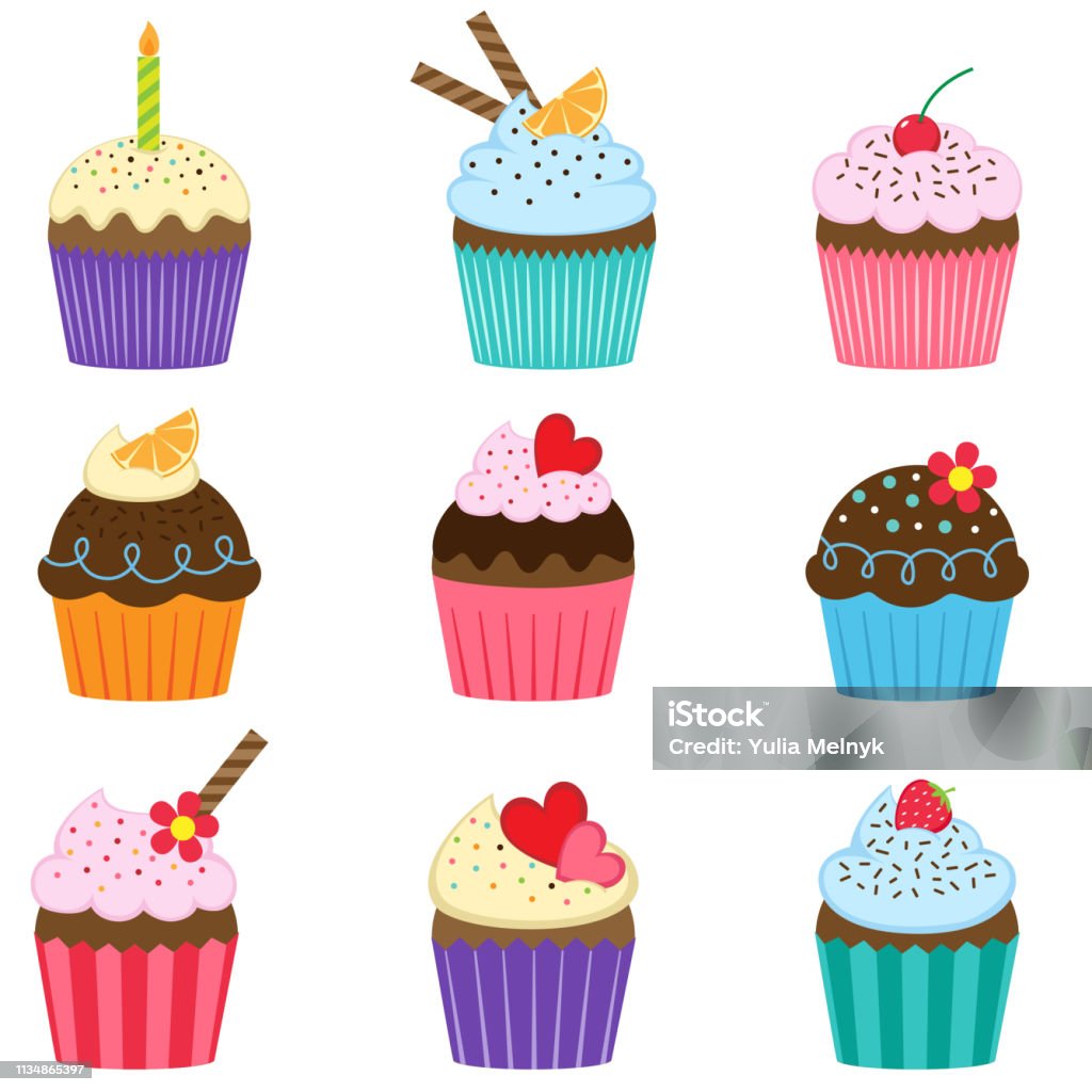 세트의 귀여운 벡터 컵 케이크 컵케이크에 대한 스톡 벡터 아트 및 기타 이미지 - 컵케이크, 벡터, 만화 - Istock