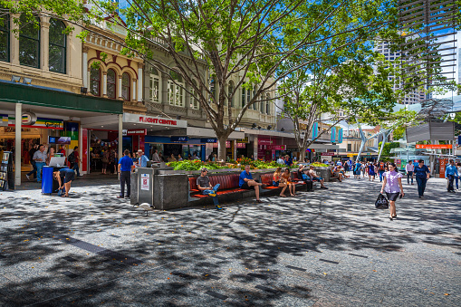 BRISBANE, AUSTRALIA - FEBRUARY 12 2016: The Queen Street Mall is a pedestrian mall located on Queen Street in the centre of Brisbane, Queensland, Australia