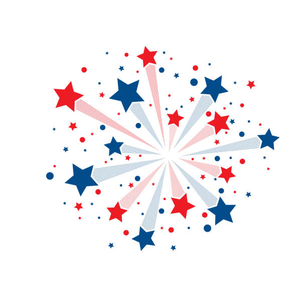 Stars fireworks background Red and blue abstract lines fireworks with stars and circles isolated on white background exploding star stock illustrations